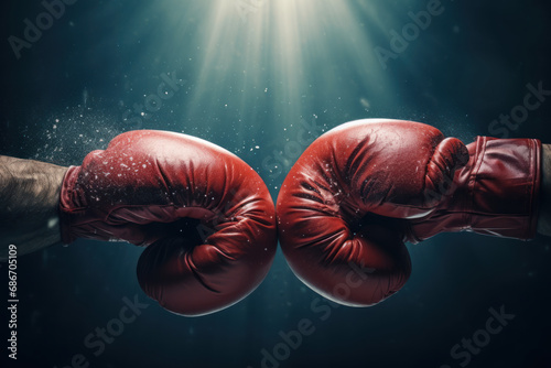 Red boxing gloves punching close-up on dark background photo