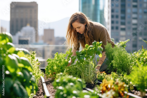 Young woman gardening on sunny urban rooftop photo