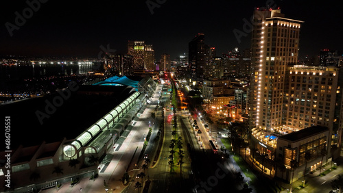 Night City At San Diego In California United States. Downtown City Skyline. Transportation Scenery. Night City At San Diego In California United States.  © ByDroneVideos