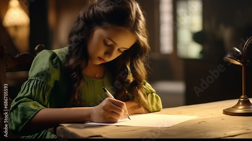 Young girl writing a pen pal letter. Concept of Friendship Across Borders, Cultural Exchange, and the Joy of Correspondence. photo