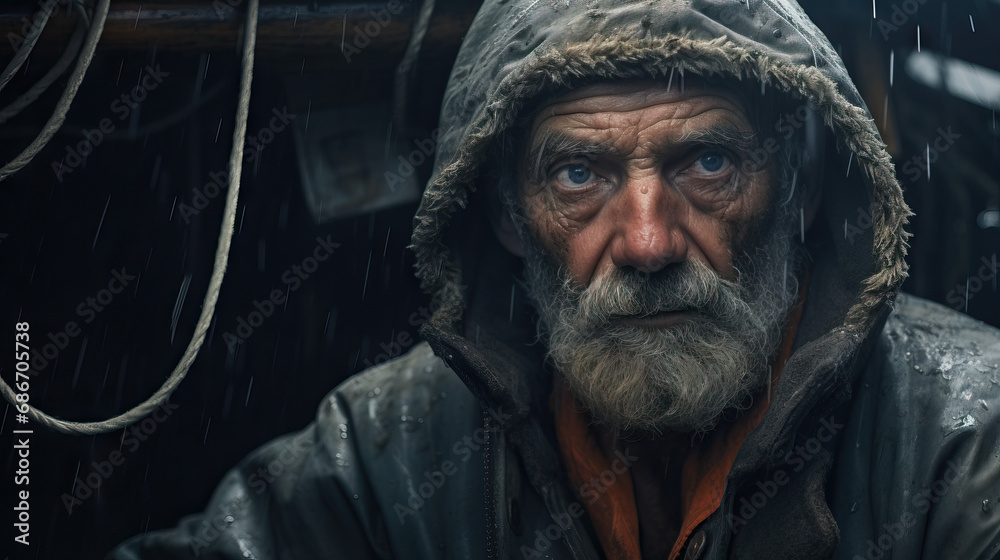 Portrait of an old sailor man on a boat. Concept of Maritime Experience, Weathered Wisdom, and a Lifetime at Sea. Portrait of an old sailor man on a boat. Concept of Maritime Experience, Weathered Wisdom, and a Lifetime at Sea.