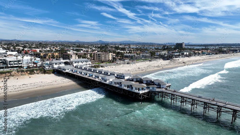 Crystal Pier At Pacific Beach In San Diego United States. Paradisiac Beach Scenery. Seascape Landmark. Crystal Pier At Pacific Beach In San Diego United States. 