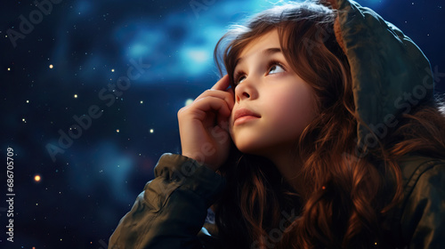 Young girl looking up into the night sky. Concept of Wonder, Curiosity, and Dreaming Under the Stars.