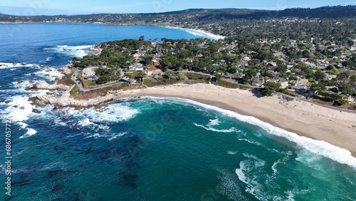 Coast Beach At Carmel In California United States. Nature Tourism Travel. Sunny Day Landscape. Coast Beach At Carmel In California United States. 