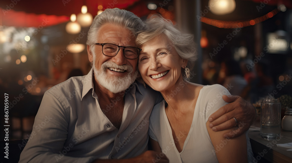Happy senior couple in love having dinner. Concept of Romantic Companionship, Enduring Love, and Cherished Moments in Later Years. Happy senior couple in love having dinner. Concept of Romantic Companionship, Enduring Love, and Cherished Moments in Later Years.
