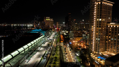 City Night At San Diego In California United States. Megalopolis Downtown Cityscape. Business Travel. City Night At San Diego In California United States. 