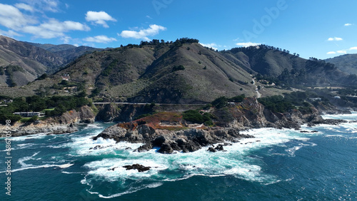 Travel Landscape At Highway 1 In California United States. Historic Road Trip In Coastal Road Of California. Nature Seascape. Travel Landscape At Highway 1 In California United States. 