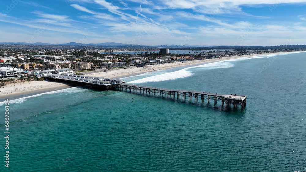 Crystal Pier At Pacific Beach In San Diego United States. Coast City Landscape. Beach Background. Crystal Pier At Pacific Beach In San Diego United States. 