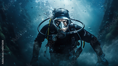 Scuba diver underwater exploring the deep ocean. Concept of Underwater Adventure, Marine Exploration, and the Mysteries of the Deep Sea.