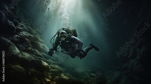 Scuba diver underwater exploring the deep ocean. Concept of Underwater Adventure, Marine Exploration, and the Mysteries of the Deep Sea. © Lila Patel