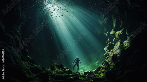 Scuba diver underwater exploring the deep ocean. Concept of Underwater Adventure, Marine Exploration, and the Mysteries of the Deep Sea. photo