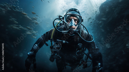 Scuba diver underwater exploring the deep ocean. Concept of Underwater Adventure, Marine Exploration, and the Mysteries of the Deep Sea.