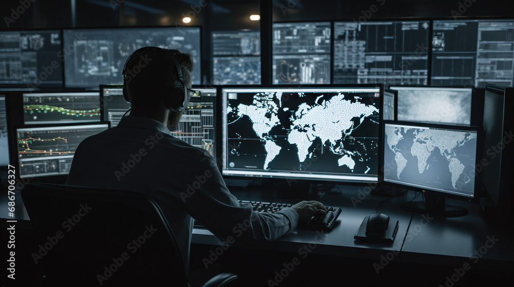 Security analyst officer keeping a computer safe. Concept of Cybersecurity, Digital Protection, and Safeguarding Information. Security analyst officer keeping a computer safe. Concept of Cybersecurity, Digital Protection, and Safeguarding Information.