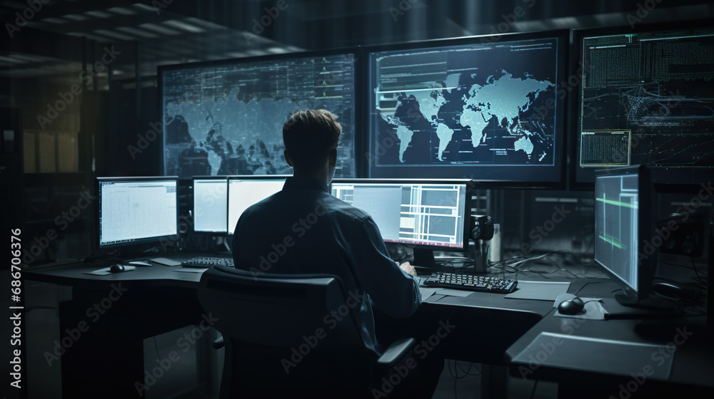 Security analyst officer keeping a computer safe. Concept of Cybersecurity, Digital Protection, and Safeguarding Information.