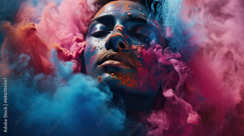 Person engulfed in neon-colored smoke. Concept of Surreal Atmosphere, Vibrant Hues, and Mysterious Environments.