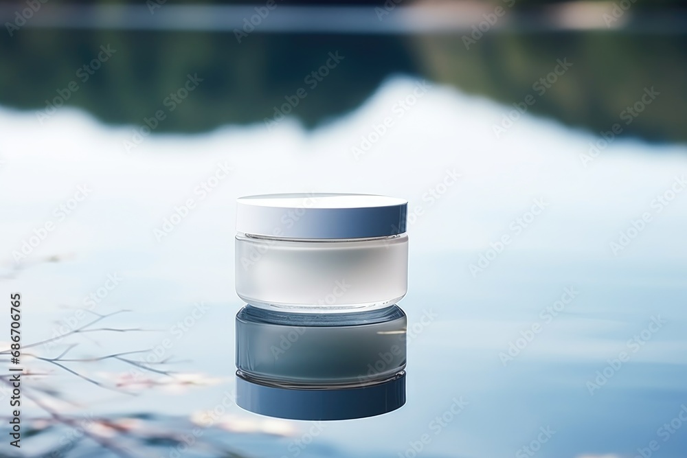 White blank cosmetic jar mock up lies on the water surface - obrazy, fototapety, plakaty 