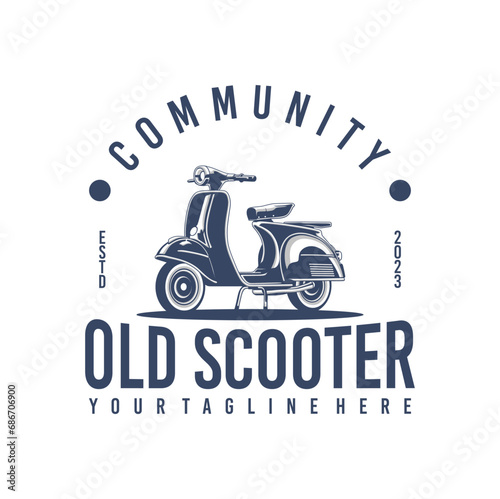 Vintage old scooter motorcycle logo design.  Retro italian old scooter logo illustration isolated on white background.