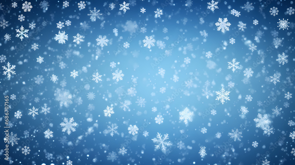 Snowy blue background with falling snowflakes. Christmas winter snowfall with white snow flakes.