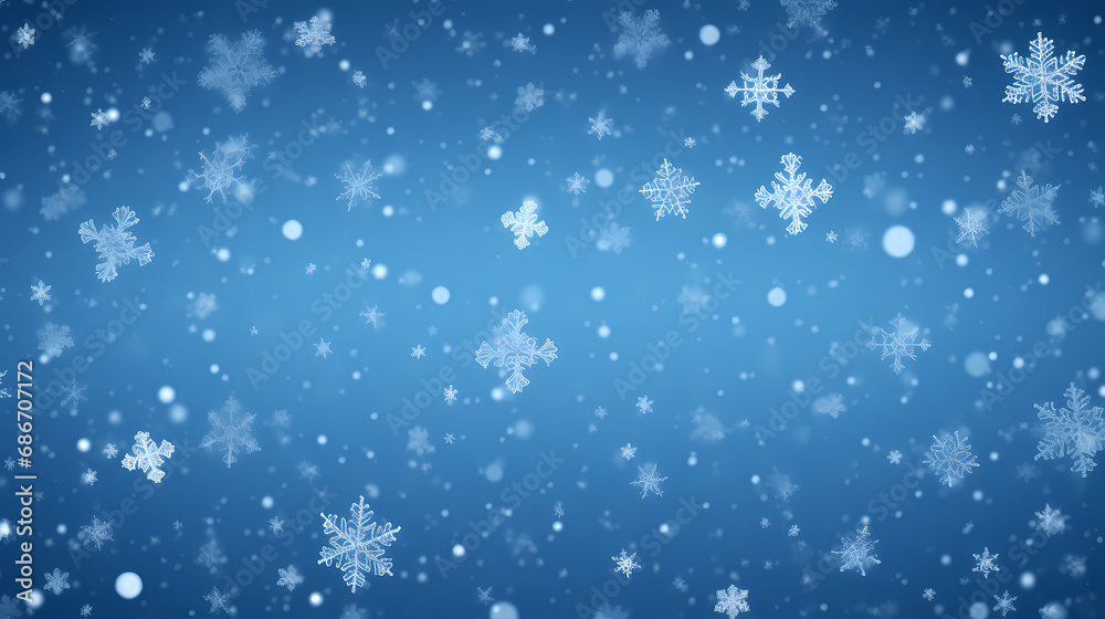 Obraz premium Snowy blue background with falling snowflakes. Christmas winter snowfall with white snow flakes.