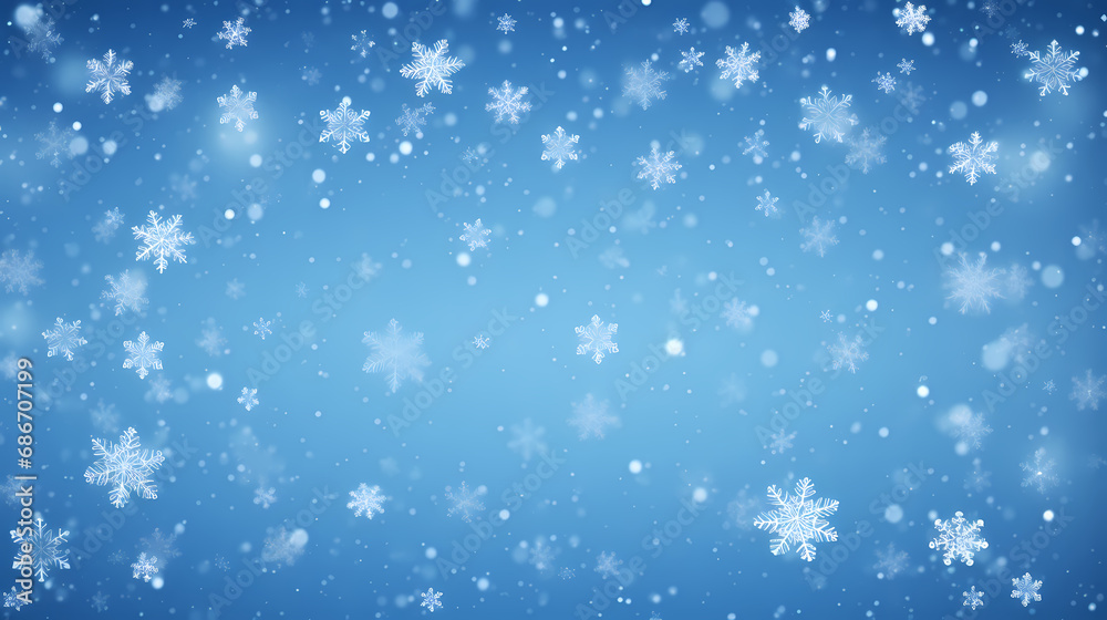 Snowy blue background with falling snowflakes. Christmas winter snowfall with white snow flakes. Snowy blue background with falling snowflakes. Christmas winter snowfall with white snow flakes.