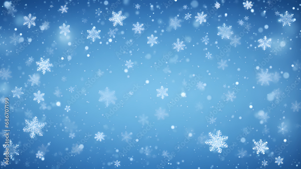 Snowy blue background with falling snowflakes. Christmas winter snowfall with white snow flakes.