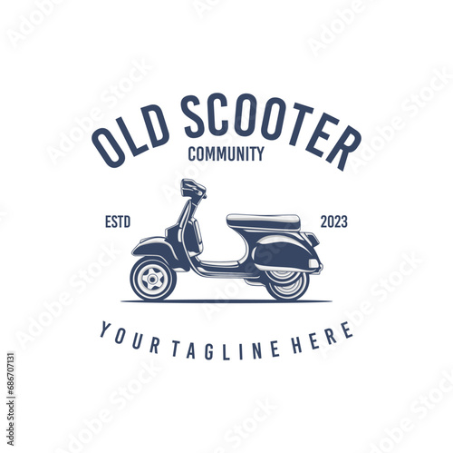 Vintage old scooter motorcycle logo design.  Retro italian old scooter logo illustration isolated on white background.