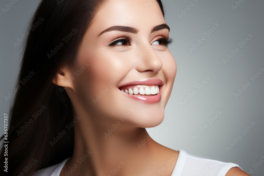 Young woman with beautiful smile on grey background. Teeth whitening Young woman with beautiful smile on grey background. Teeth whitening