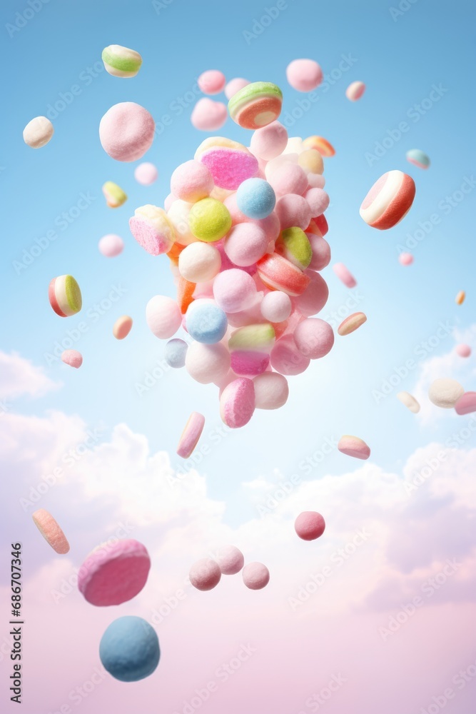 Sweety colors candies fly in the air on pastel background.