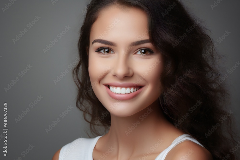 Young woman with beautiful smile on grey background. Teeth whitening Young woman with beautiful smile on grey background. Teeth whitening