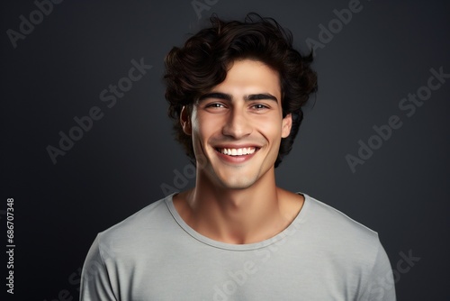 Young man with beautiful smile on grey background. Teeth whitening © JAYDESIGNZ