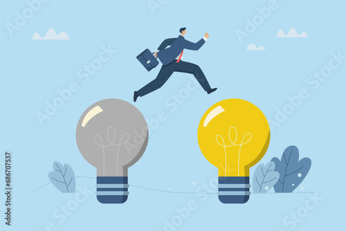 Business change concept, Shifting from old ideas to new ideas, creativity, New innovations and improvements, Businessman jumps from a dark light bulb to a brighter light bulb. Vector illustration.