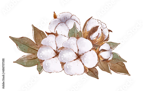 Cotton watercolor bouquet. Hand drawn illustration isolated on white background. Botanical composition for wedding invitation, greeting card, cosmetic packaging
