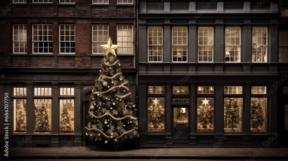 Beautiful winter street view with huge christmas tree decorated with xmas gold and silver decorations garlands, baubles and golden star, old facade in town with shop lights background illustration