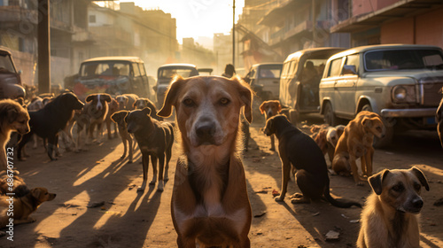 Dogs in India on the street. Concept of Free-roaming Stray Animals, Urban Wildlife, and the Bond Between Humans and Dogs in Public Spaces.