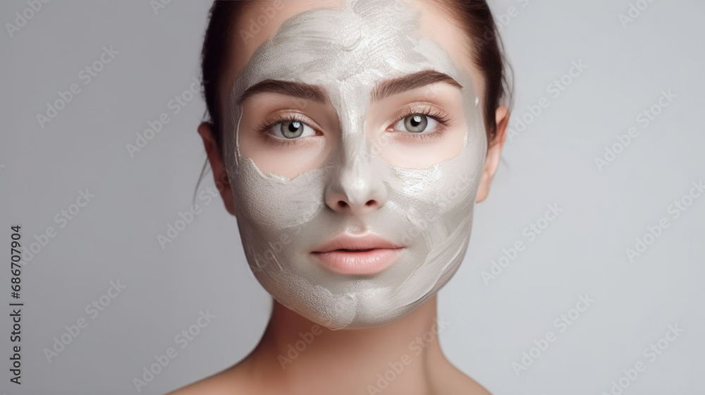 Young woman with white cream on his face. Caring face mask. Young woman with white cream on his face. Caring face mask.