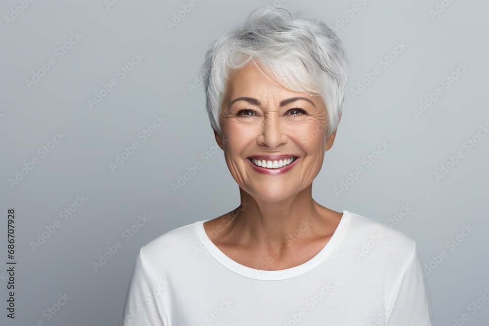 old woman with beautiful smile on grey background. Teeth whitening old woman with beautiful smile on grey background. Teeth whitening
