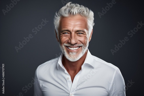 old man with beautiful smile on grey background. Teeth whitening