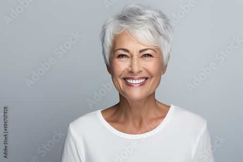 old woman with beautiful smile on grey background. Teeth whitening