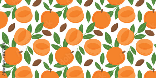 Fruits of apricot on a white color background. Apricot with leaves vector pattern. Seamless vector floral pattern. Repeating design for fabric, drawing labels, wallpaper, fruit background.