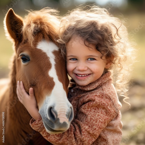 A lovely little girl is embracing a baby horse in her arms. The girl's face is filled with joy and affection as she cuddles the adorable foal.