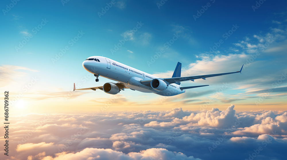 Fototapeta premium Airplane flying in the air with sunlight shining in blue sky background. Travel journey and Wanderlust transportation concept.