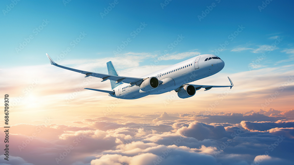 Airplane flying in the air with sunlight shining in blue sky background. Travel journey and Wanderlust transportation concept.