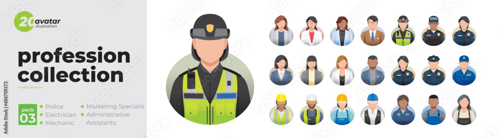 Profession collection profile avatar icons. Set of illustrations of people in various professions. Police, Electrician, Mechanic, Marketing Administrative Assistants. Flat style vector design - obrazy, fototapety, plakaty 