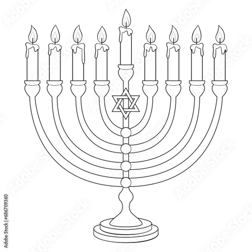 Traditional menorah, candle. Happy Hanukkah Illustration. Coloring page. Hanukkah line art design vector illustration seamless coloring book. Separate objects. Hand drawn design elements.