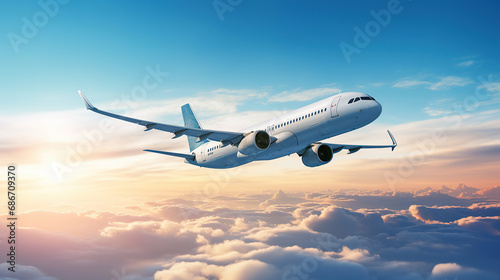 Airplane flying in the air with sunlight shining in blue sky background. Travel journey and Wanderlust transportation concept.