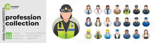Profession collection profile avatar icons. Set of illustrations of people in various professions. Police, Electrician, Mechanic, Marketing Administrative Assistants. Flat style vector design