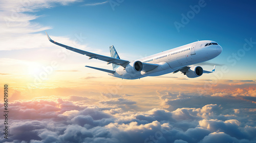 Airplane flying in the air with sunlight shining in blue sky background. Travel journey and Wanderlust transportation concept.