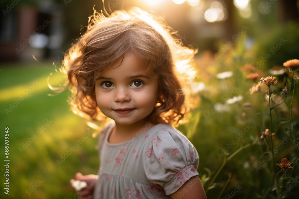 Beautiful portrait of a 3-year-old girl kid playing in yard at sunrise Beautiful portrait of a 3-year-old girl kid playing in yard at sunrise
