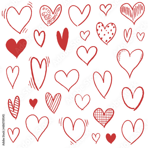 Hand drawn heart set - doodle heart shapes. PNG graphics with transparent background.