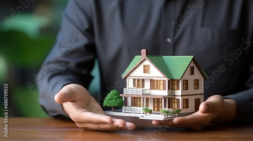 House model in home insurance broker agent's hand. insurance and security, affordable housing concepts.